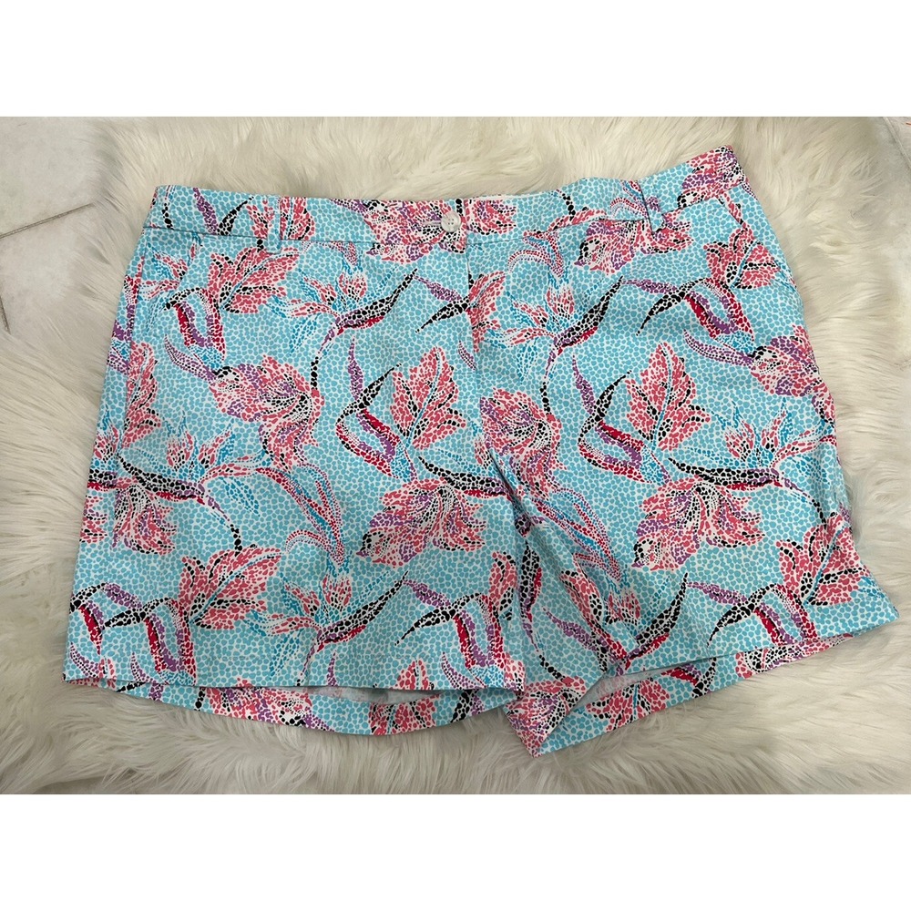 Crown & Ivy Curvy Chino Shorts Womens 24W Blue Pink Floral Pockets Plus Size